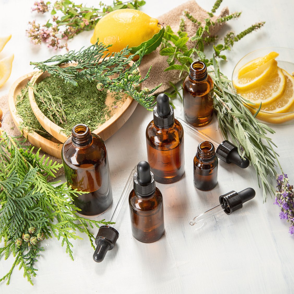 Bottles of essential oils